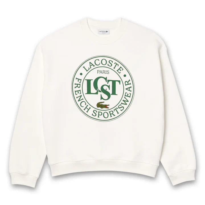 Lacoste Loose Fit Printed Fleece Sweatshirt in White
